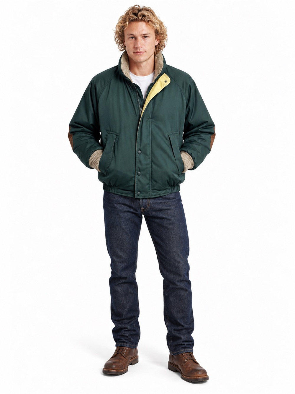 VTG Men’s Nautica Goose Down Puffer Coat | Green | Leather Arm Patches | Large - Picture 1 of 15